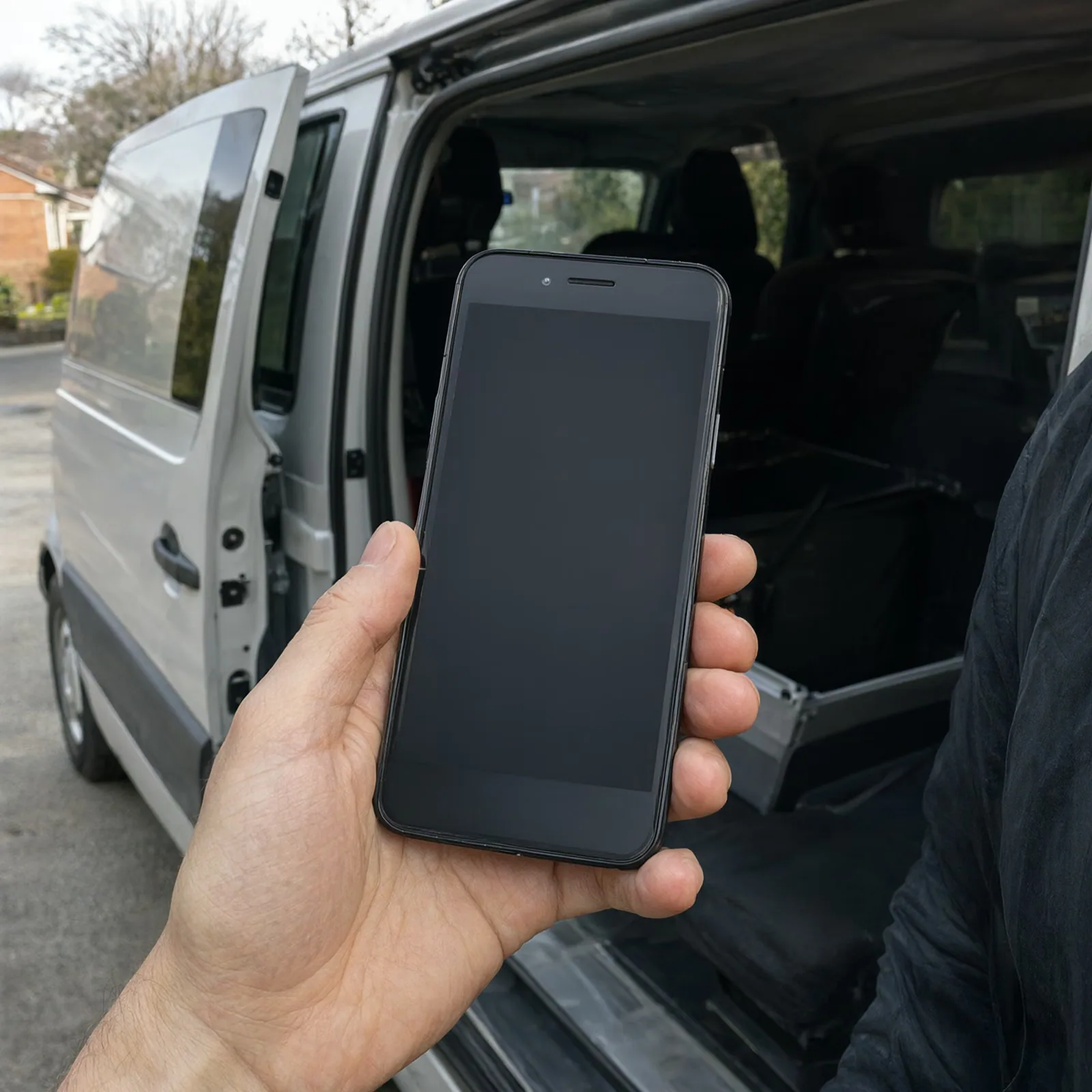 A person standing next to a work van holding a phone with the screen turned away.