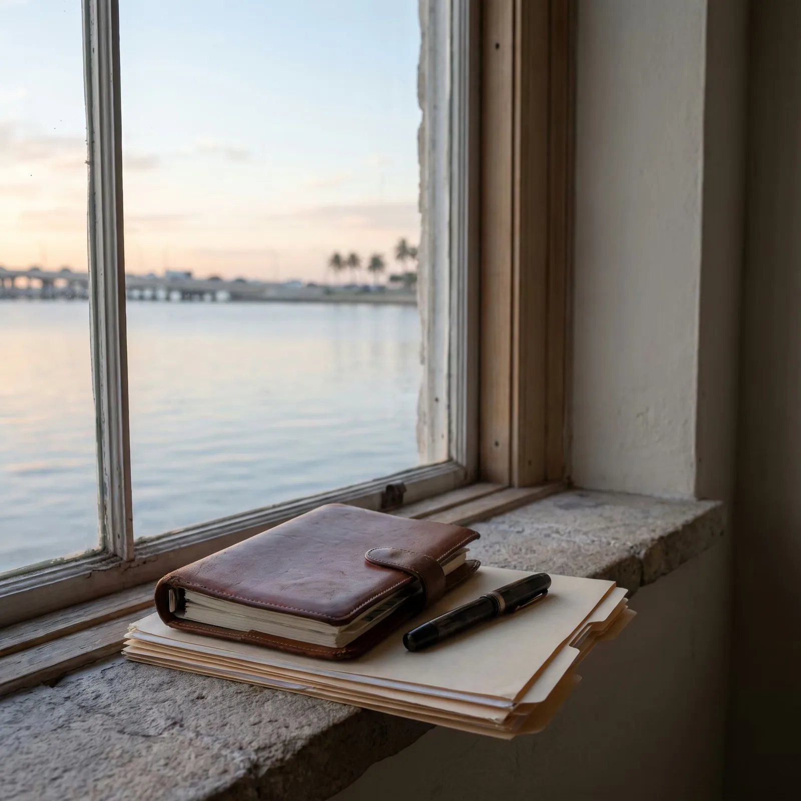 A closed planner and pen on a windowsill overlooking Biscayne Bay at sunrise.
