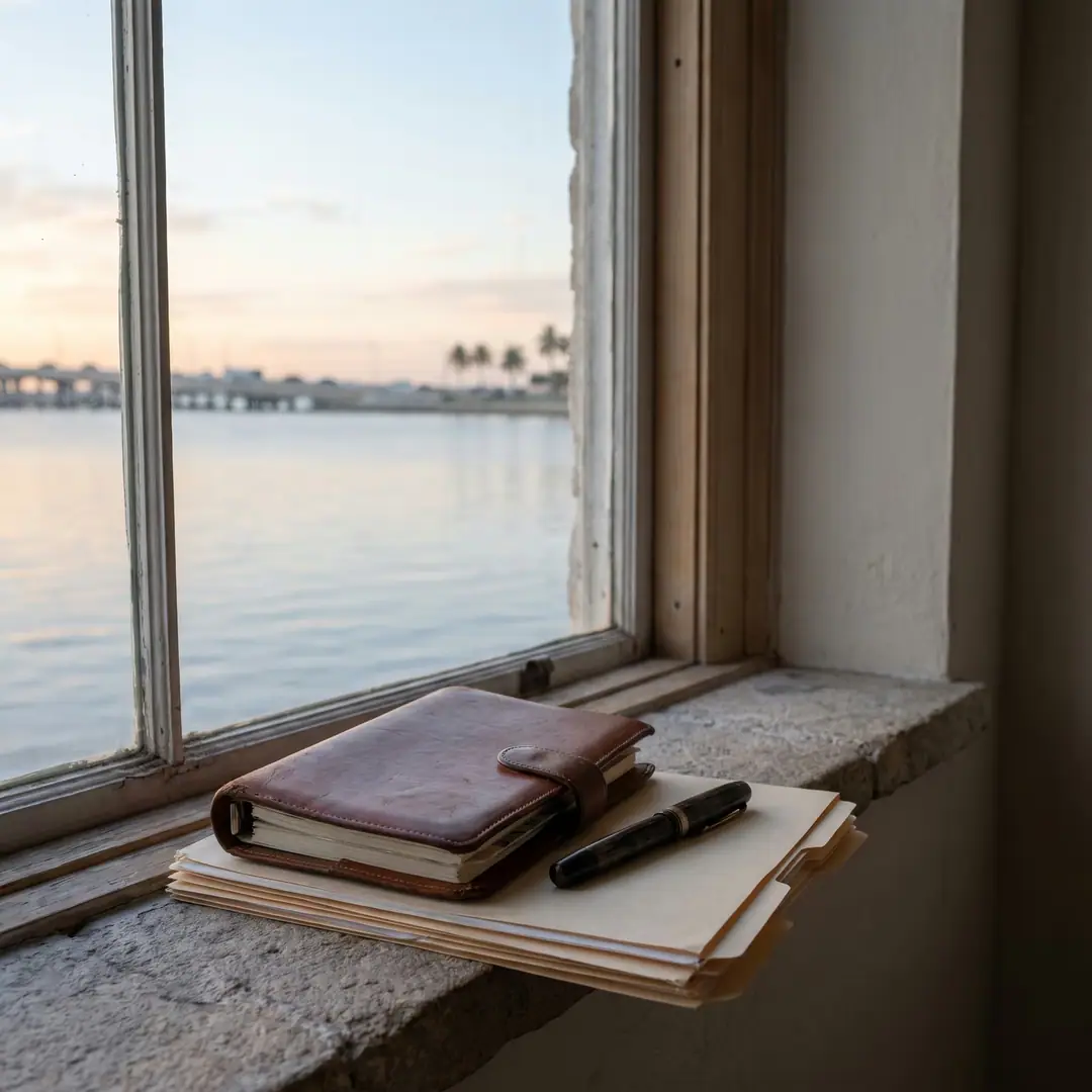 A closed planner and pen on a windowsill overlooking Biscayne Bay at sunrise.