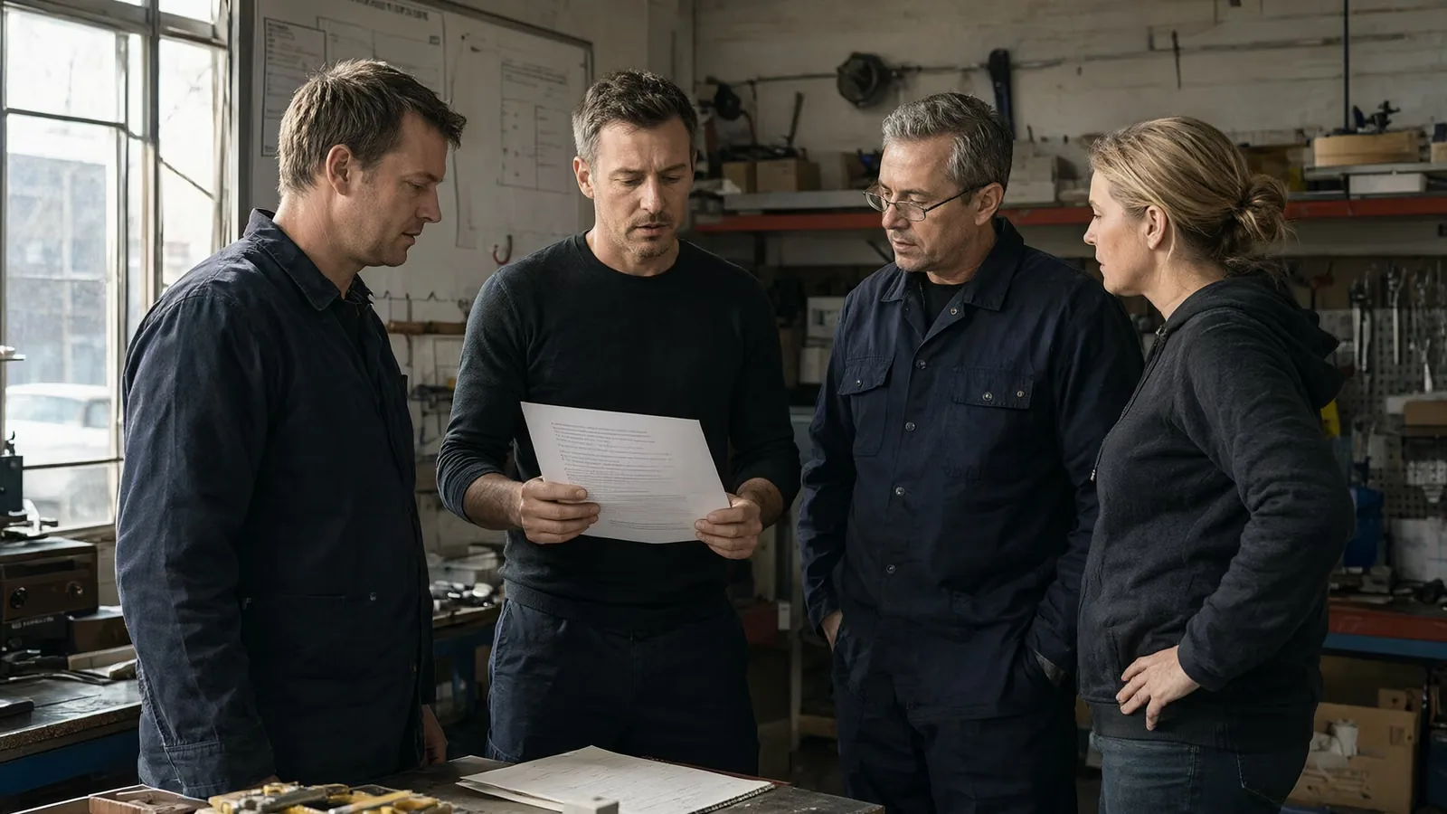 Four coworkers in a back room listening while one of them holds a printed sheet.