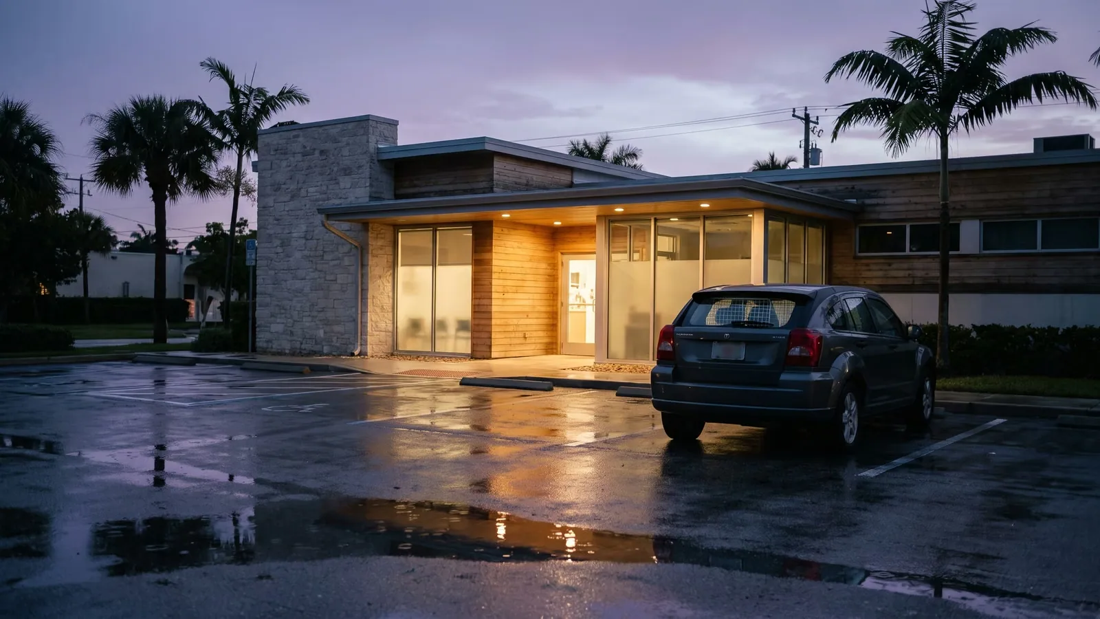 A rain-wet animal hospital parking lot at dusk with a car carrying a dog crate.