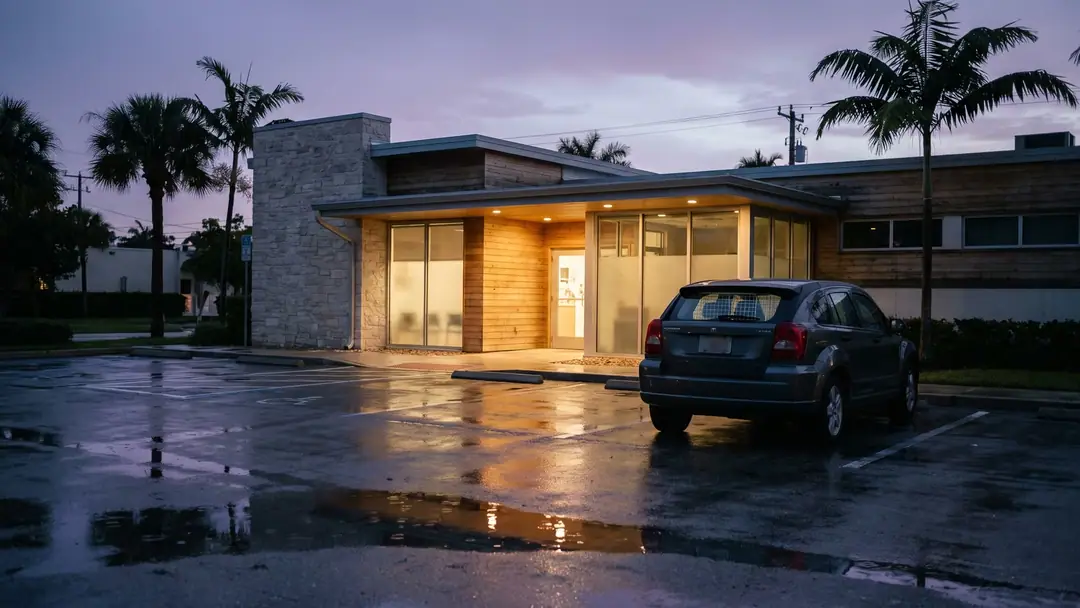 A rain-wet animal hospital parking lot at dusk with a car carrying a dog crate.