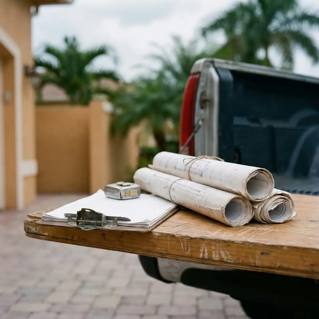 Rolled building plans, a clipboard and a tape measure on a truck tailgate in a driveway.