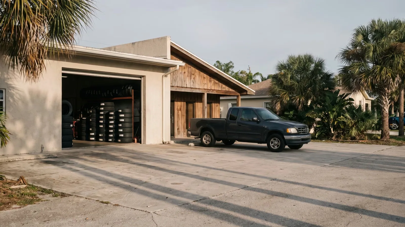 Stacks of new tires inside an open bay at a Palm Beach County tire shop in early morning light.