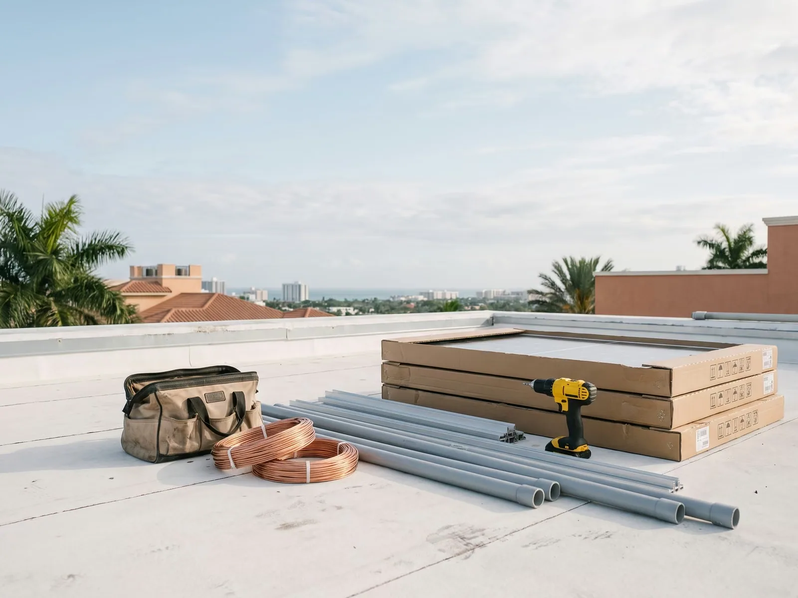 Electrical tools, conduit and solar mounting rails laid out on a Miami rooftop before installation.