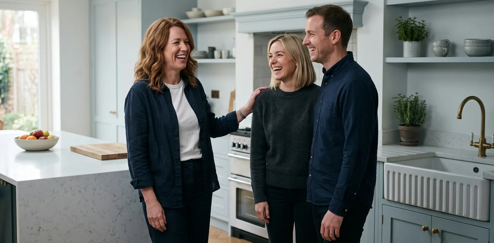 The owner with a couple in the kitchen she just fitted