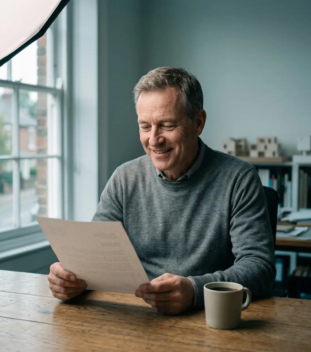A business owner reading the one-page monthly report at his desk