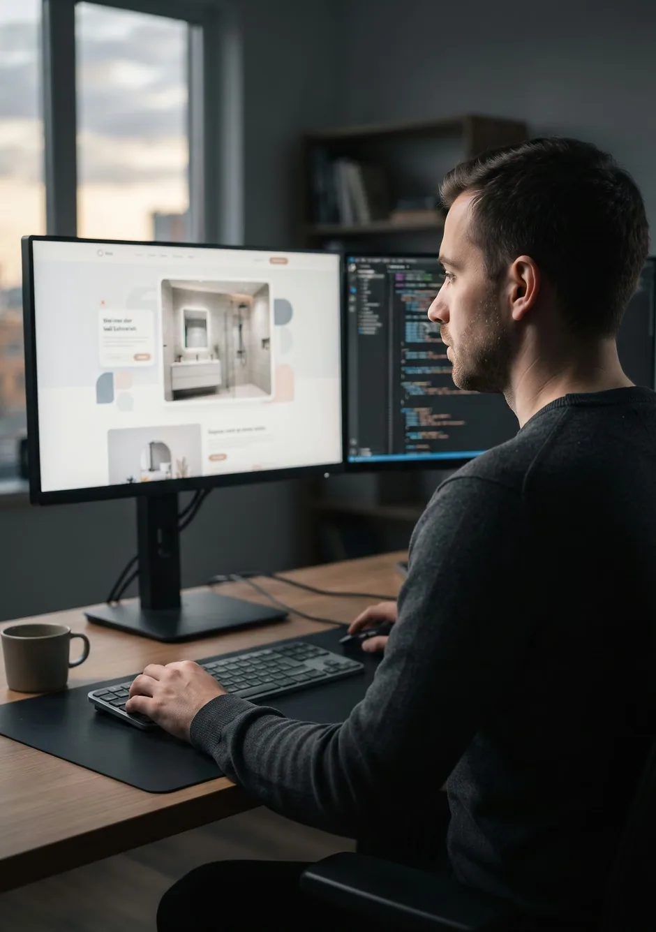 A web developer building a website on two monitors