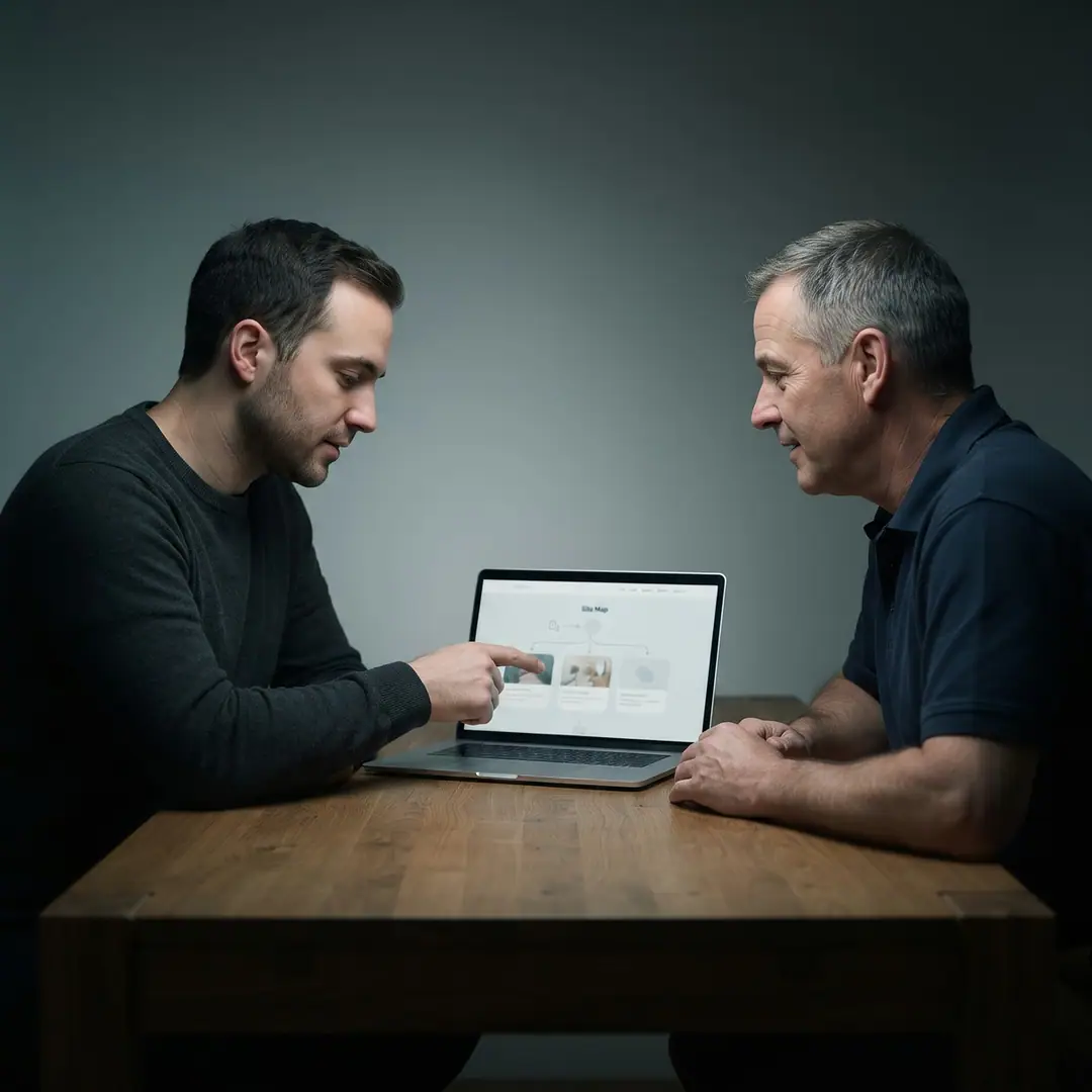 The developer and the owner going over the site map on a laptop