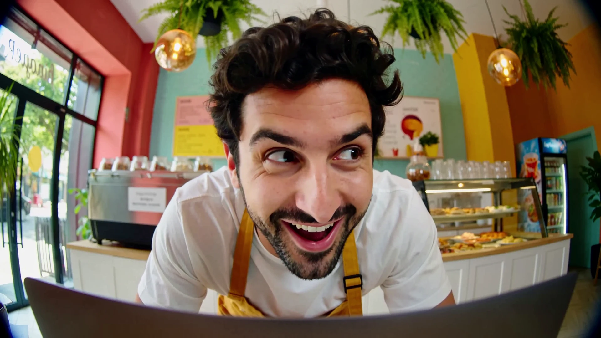 A café owner with curly hair and a mustard apron leaning toward the camera in a colorful café, generated with MiniMax H3 and taken to 4K with SyncTile.