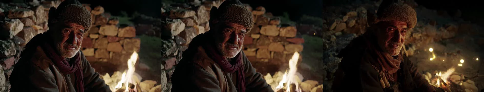 Three versions of the same frame of an old man by a fire: 8 steps, 8 steps with int8 attention, and 8 steps with TeaCache, which adds stray lights.