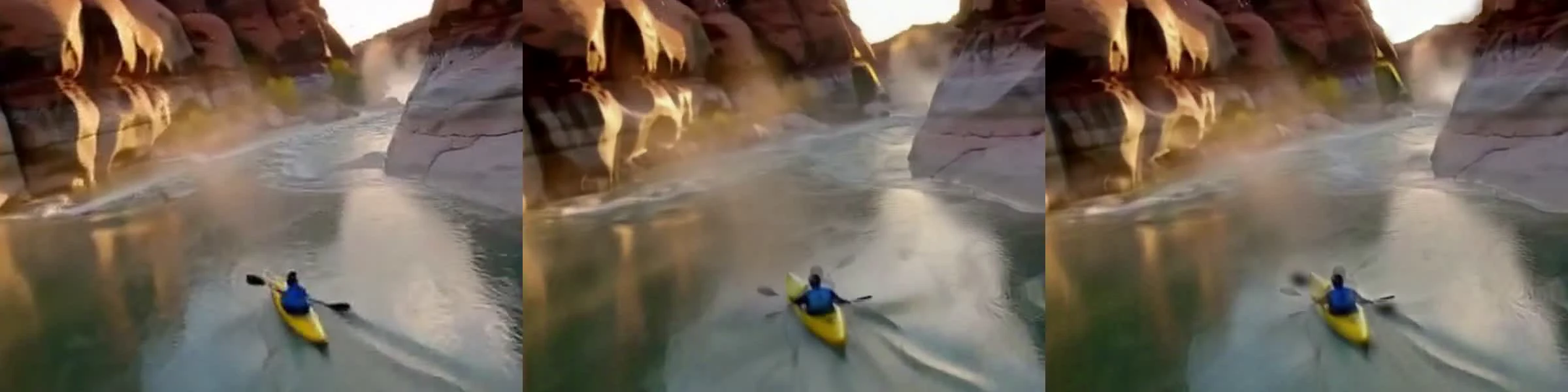 Three crops of a kayaker on a canyon river; in the third the paddle appears twice.