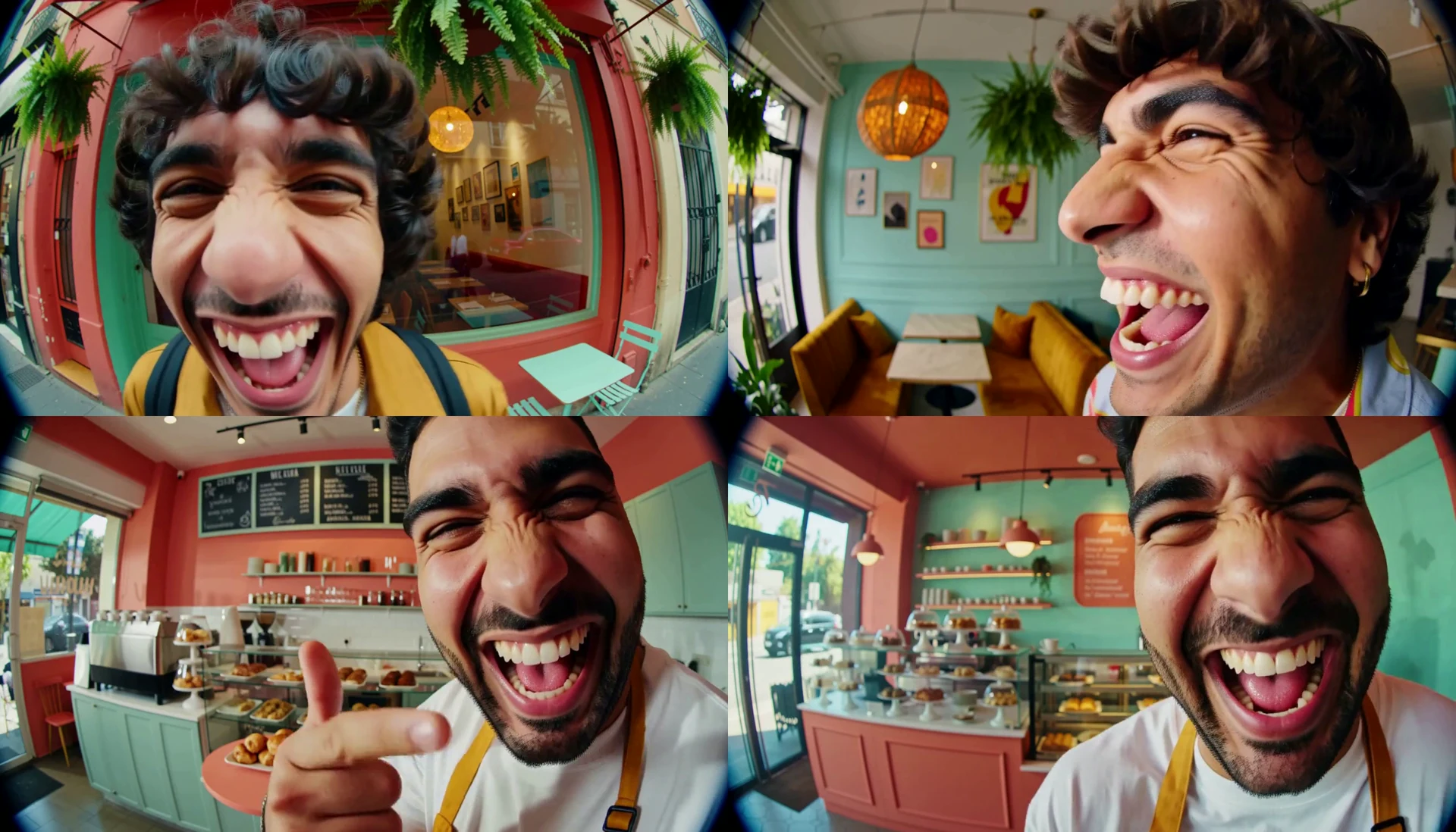 A grid of four separately generated close-ups of four different laughing men in four different cafés.