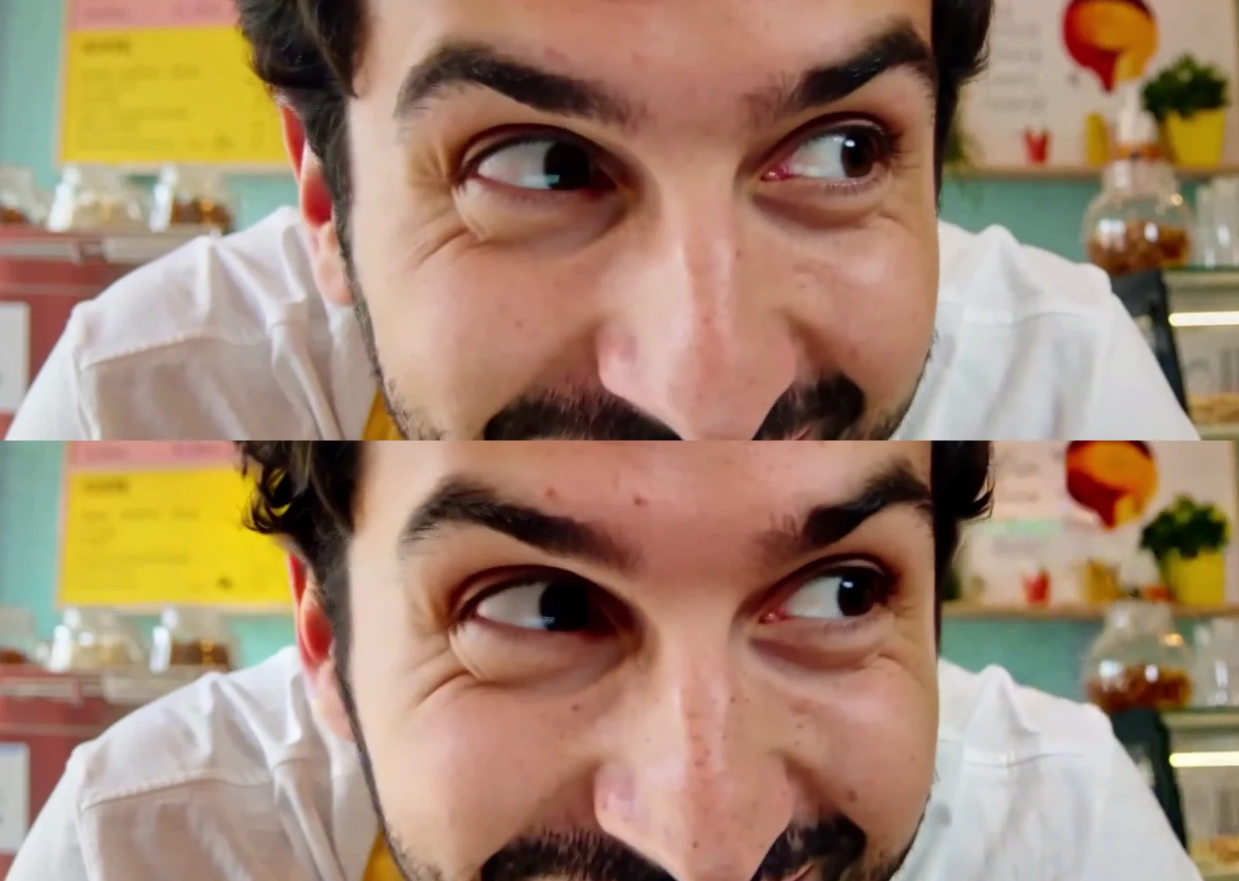 Two 4K crops of the same face: the lower one sits slightly higher in the frame with different proportions.
