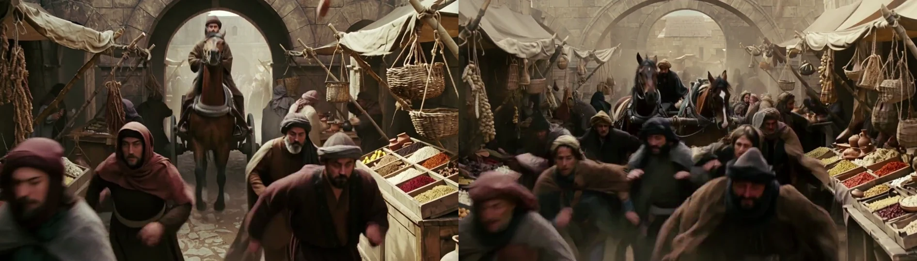 Two frames of a crowded medieval bazaar side by side, with different camera framing.