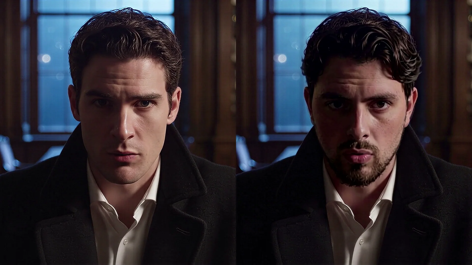 Two frames side by side: the original man in a dark coat in a library, and the same shot with a different face, curly hair and a beard.