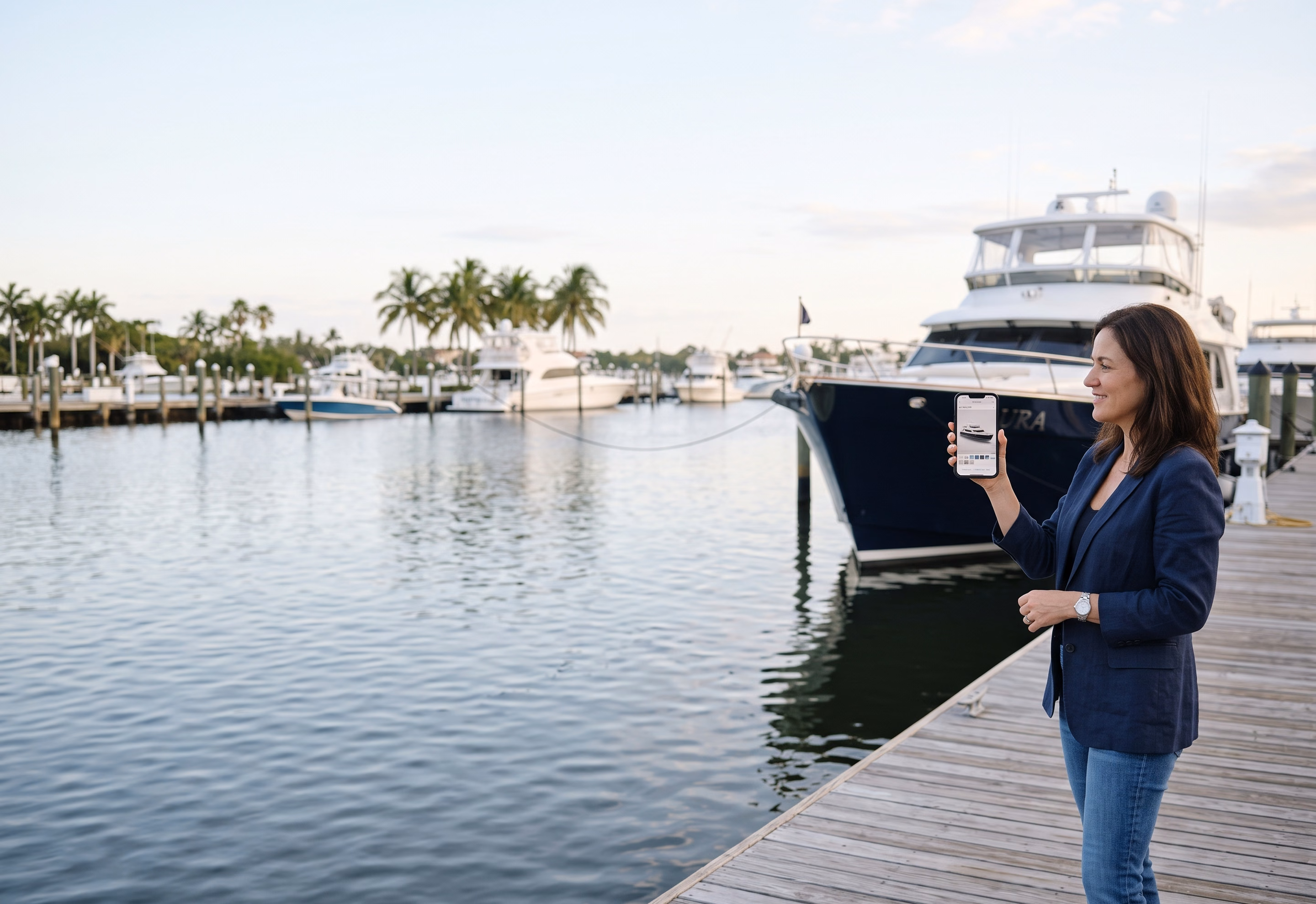 A boat buyer at a marina turning a 3D model of a yacht on her phone