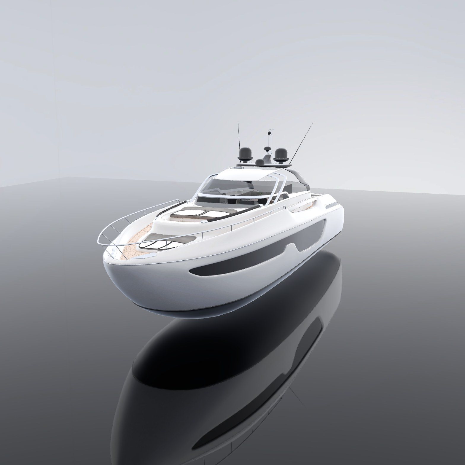 Example motor yacht in a white studio, the opening view of the live 3D configurator.