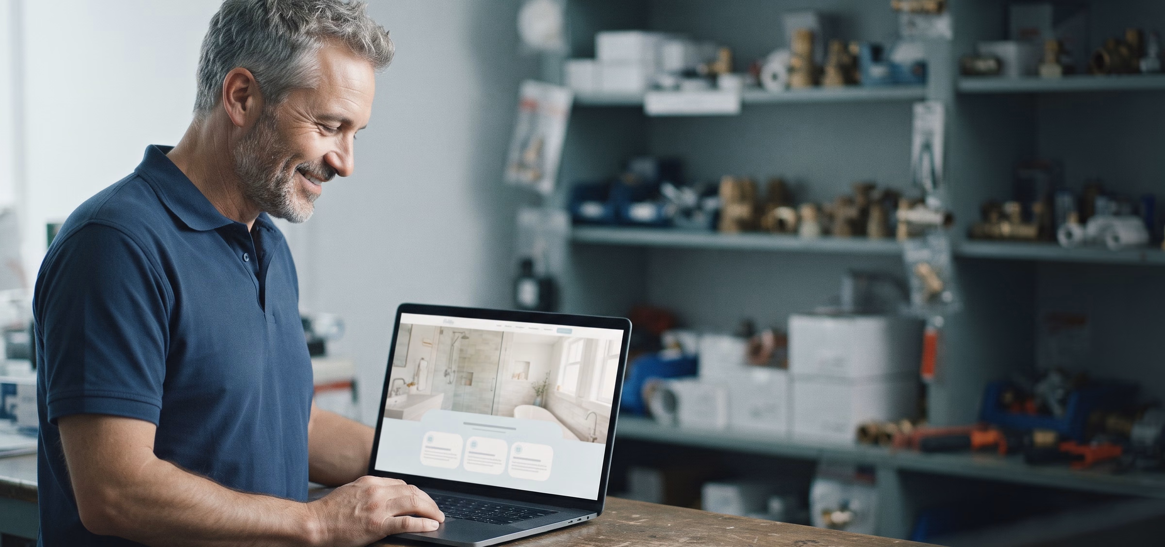 A plumbing company owner looking over his new website at the shop counter