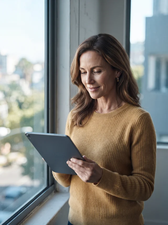A woman reading on a tablet by a window